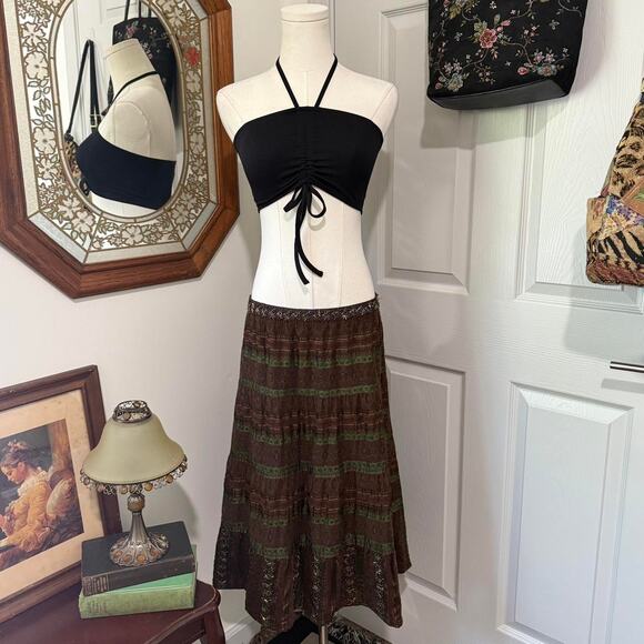 Future Paradise by Anthropologie Brown & Green Beaded Boho Fairy Midi Skirt 10/M - Picture 2 of 8